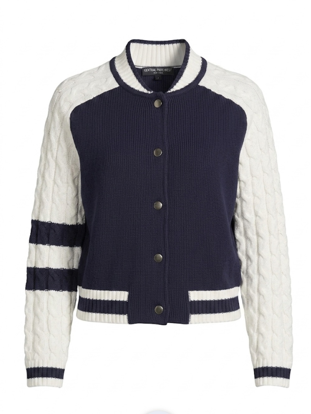 Central Park West Chloe Knit Bomber Navy White Cable Medium EUC! - Picture 3 of 9